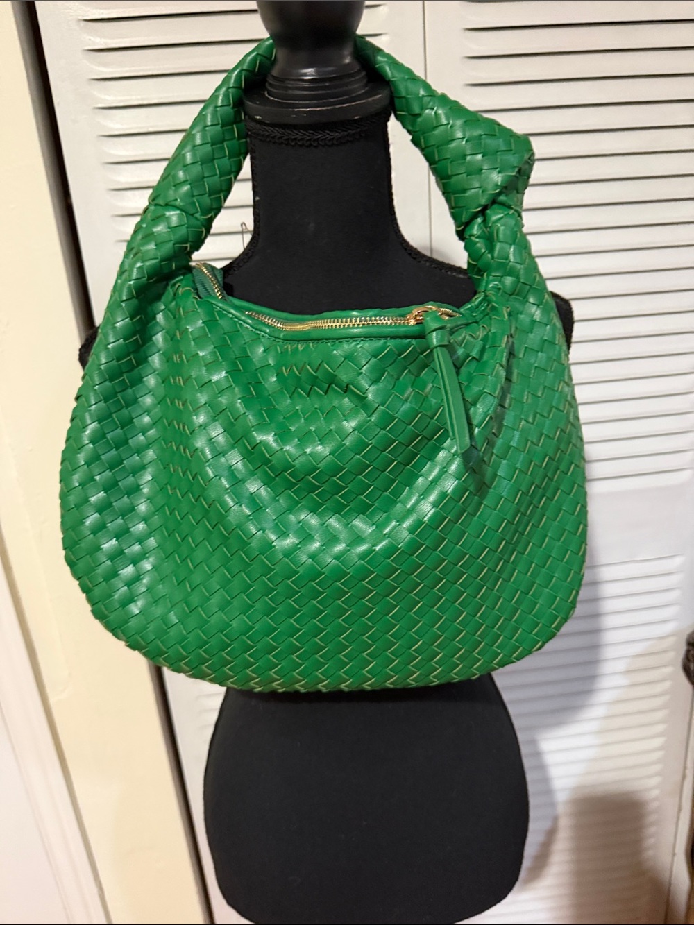 Green Woven Leather Hobo Bag with Gold Hardware